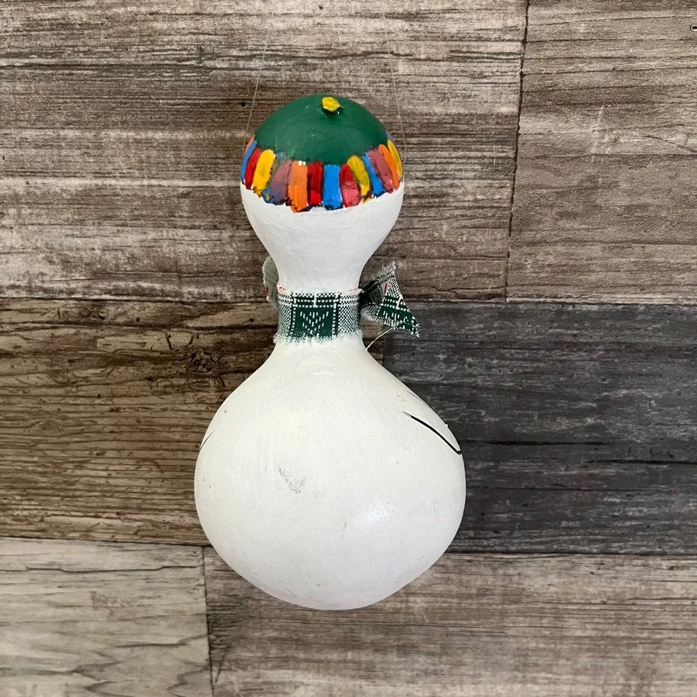 Vintage 1996 Hand Painted Gourd Snowman Christmas Ornament Folk Art Decor